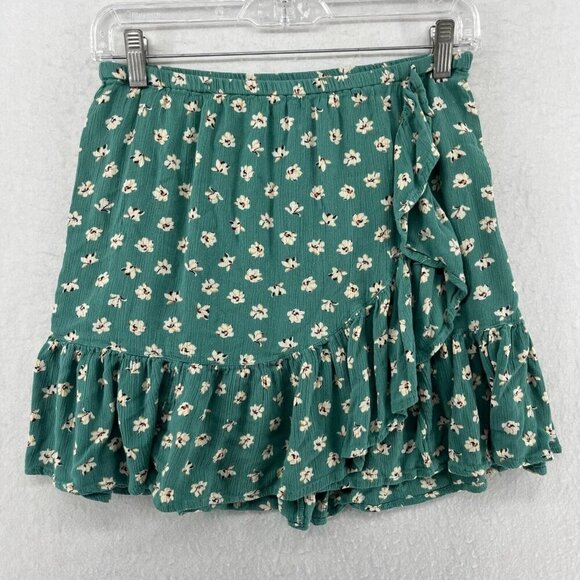 Billabong Mini Skirt Womens L Green Micro Floral Faux Wrap Ruffle Trim Boho Chic - Picture 1 of 9
